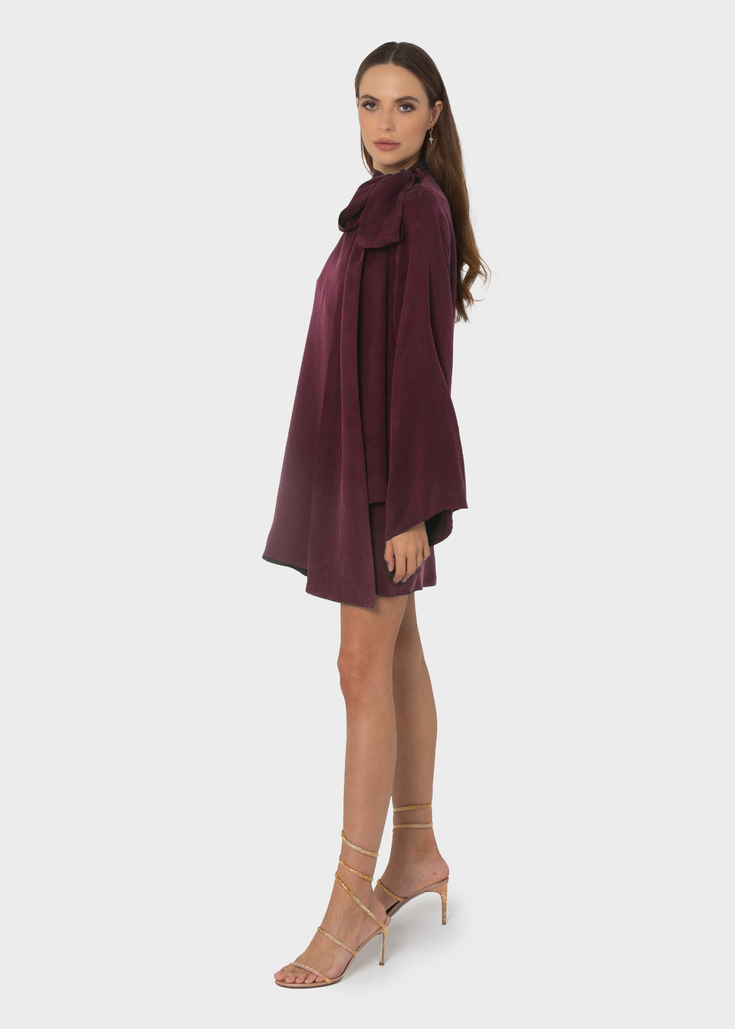 Merlot Grace Pussy-Bow Mini Dress-niLuu