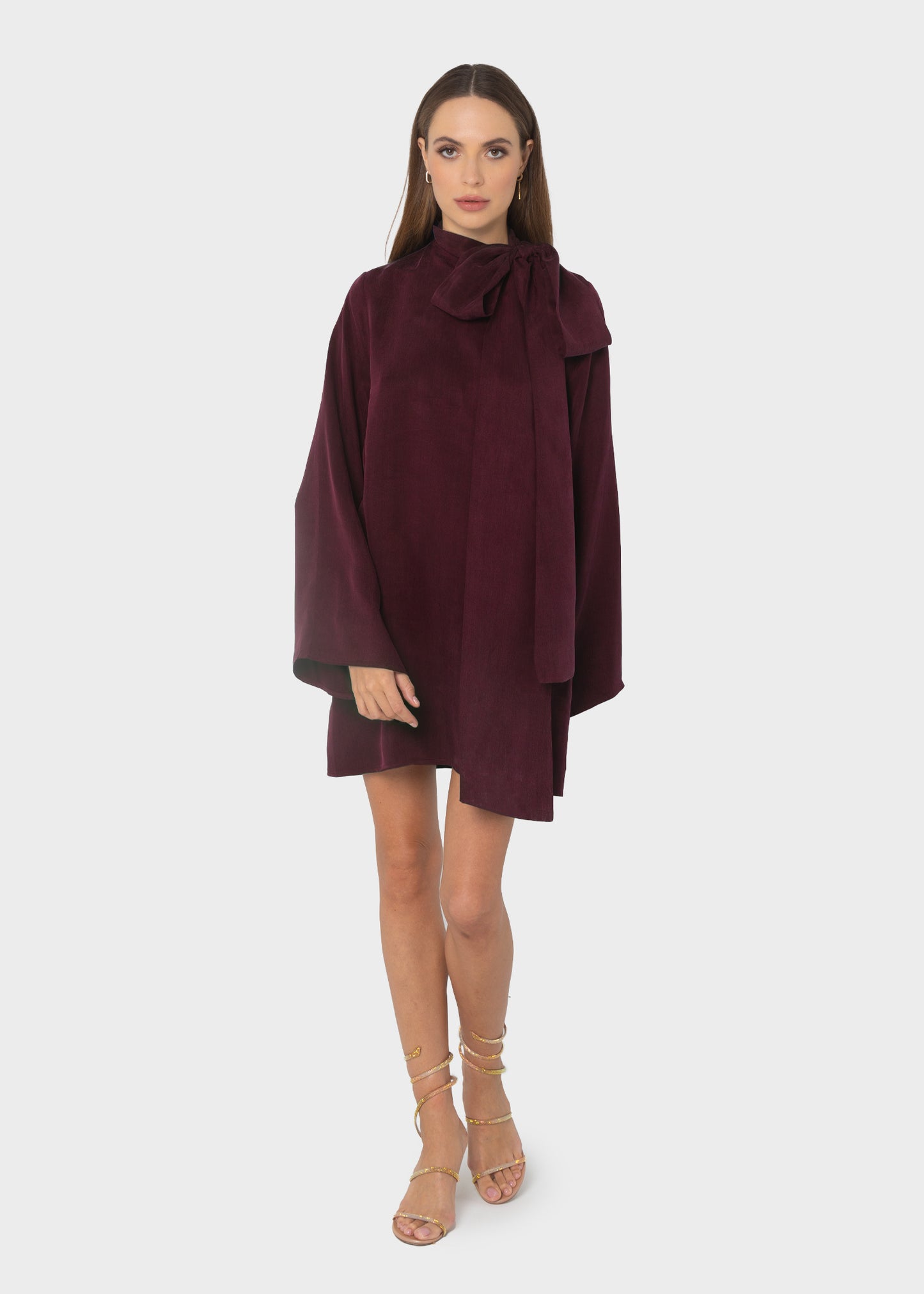 Merlot Grace Pussy-Bow Mini Dress-niLuu