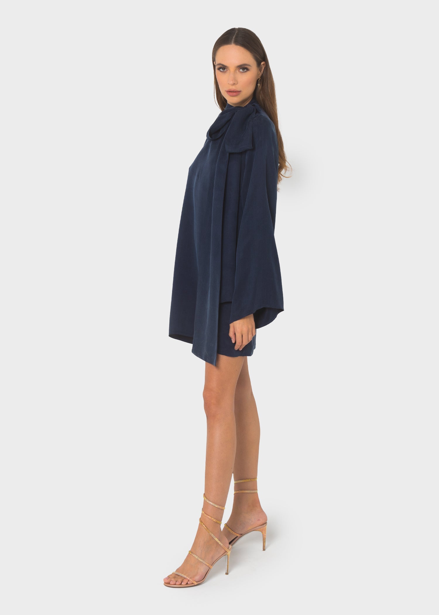 Midnight Blue Grace Pussy-Bow Mini Dress-niLuu
