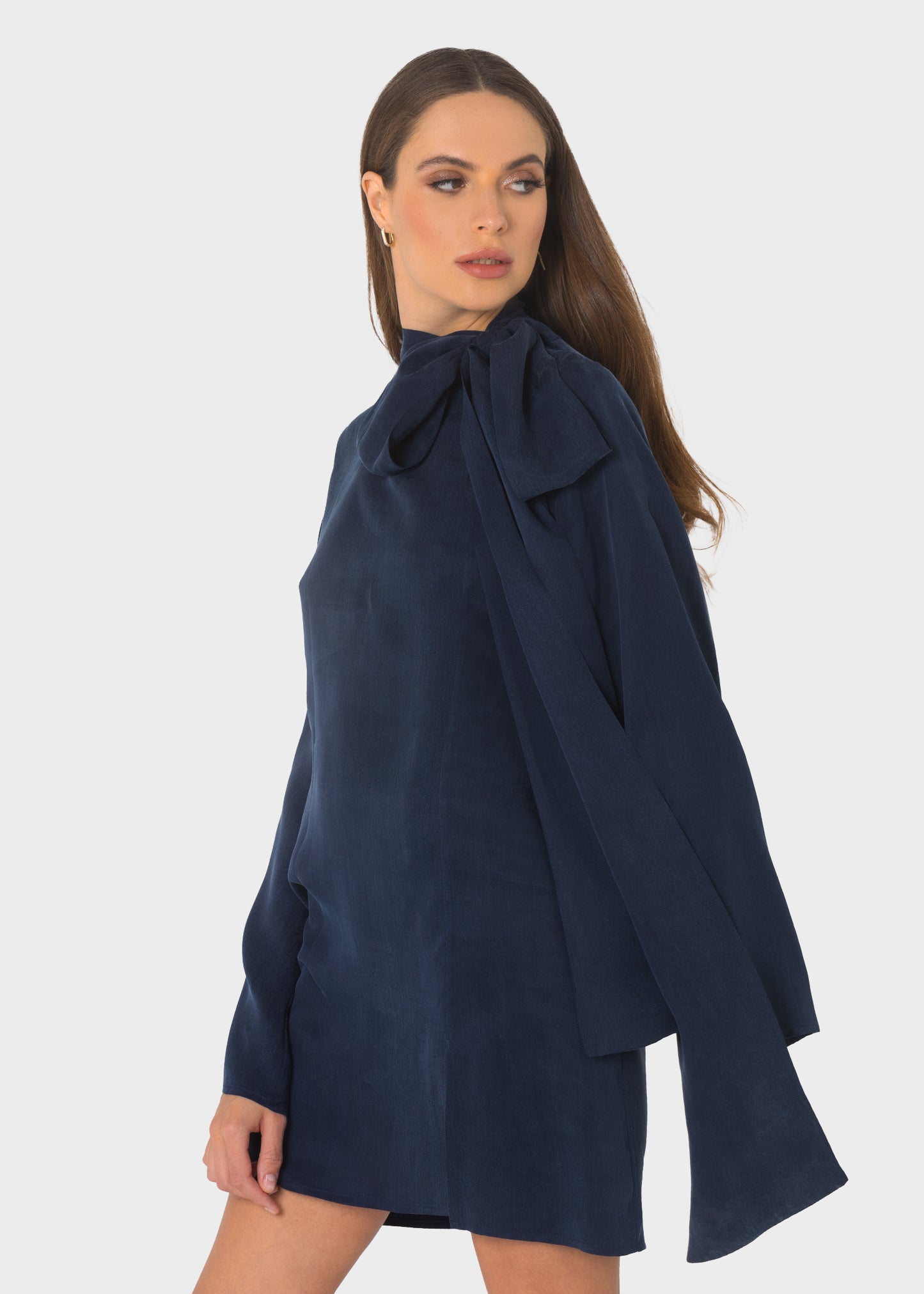 Midnight Blue Grace Pussy-Bow Mini Dress-niLuu