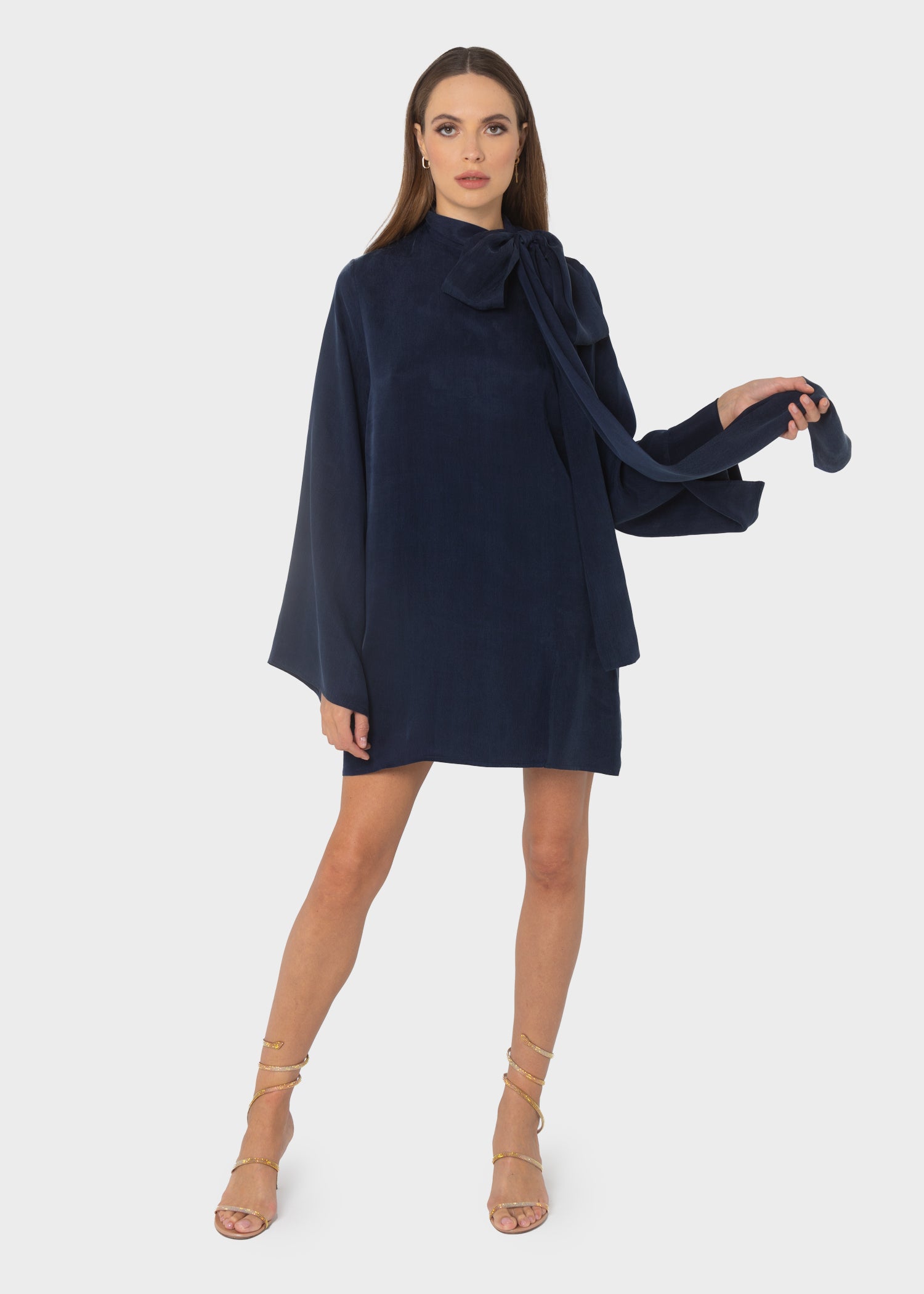 Midnight Blue Grace Pussy-Bow Mini Dress | Vegan Silk | niLuu Midnight Blue Grace Pussy-Bow Mini Dress | Vegan Silk | niLuu
