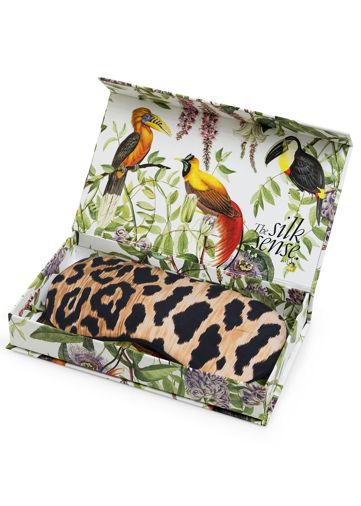 Leopard print sleep mask with an adjustable strap.