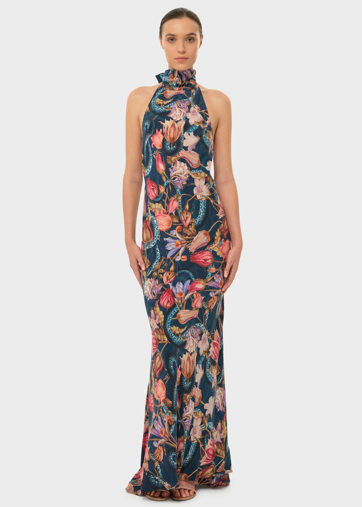 printed halter neck dress FLORAL PRINT HALTER NECK TIE OPEN BACK MAXI DRESS (ORANGE MULTI) Dress Code Chic Official