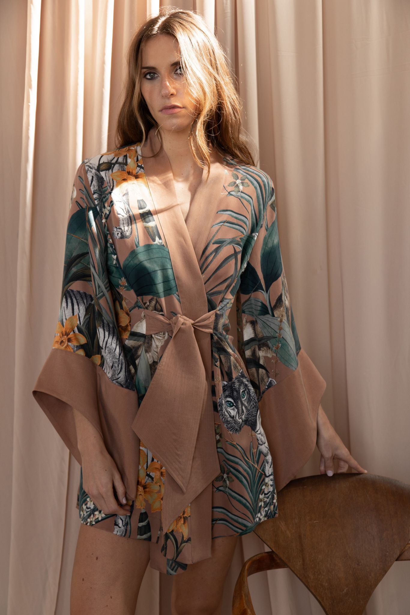 Model wearing Jimi Serengeti Amara Mini Kimono