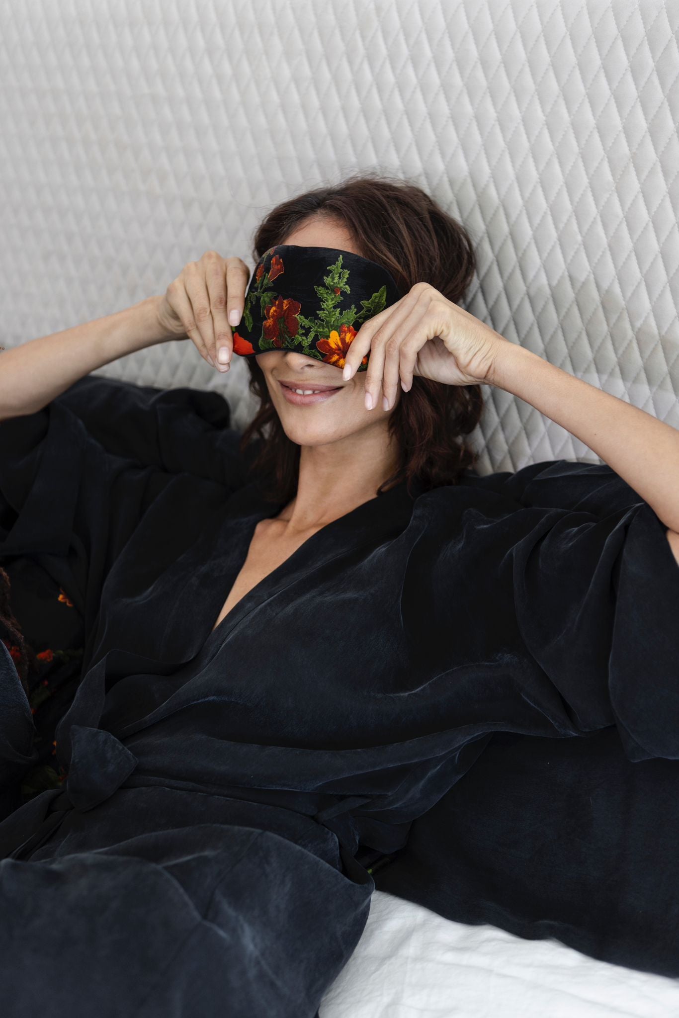 Model wearing Noir Kimono Robe and Olivia sleep mask