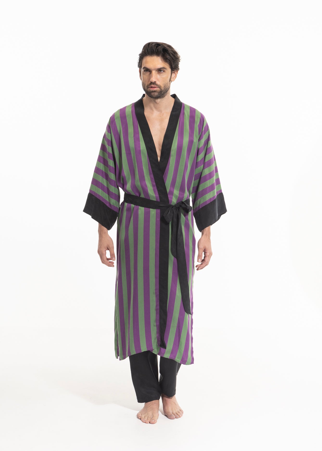 Midnight Blue Men Kimono Robe-washable vegan silk for the modern