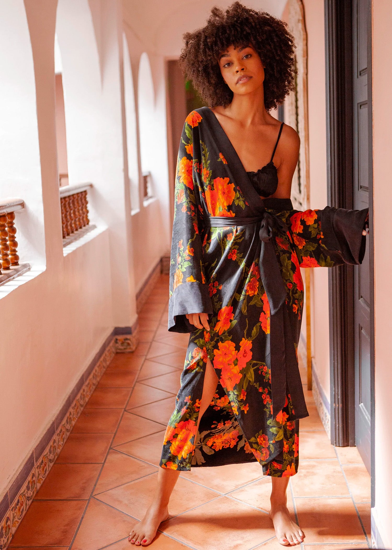 Black Mens Silk Robe Silk Blend Kimono Dressing Gown Luxury 