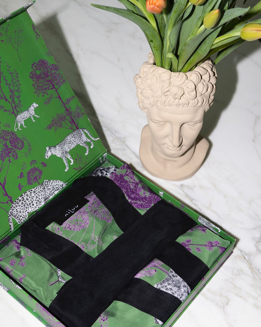 A sustainable vegan silk Lennon Harper print kimono robe from niLuu in a beautifully designed gift box.
