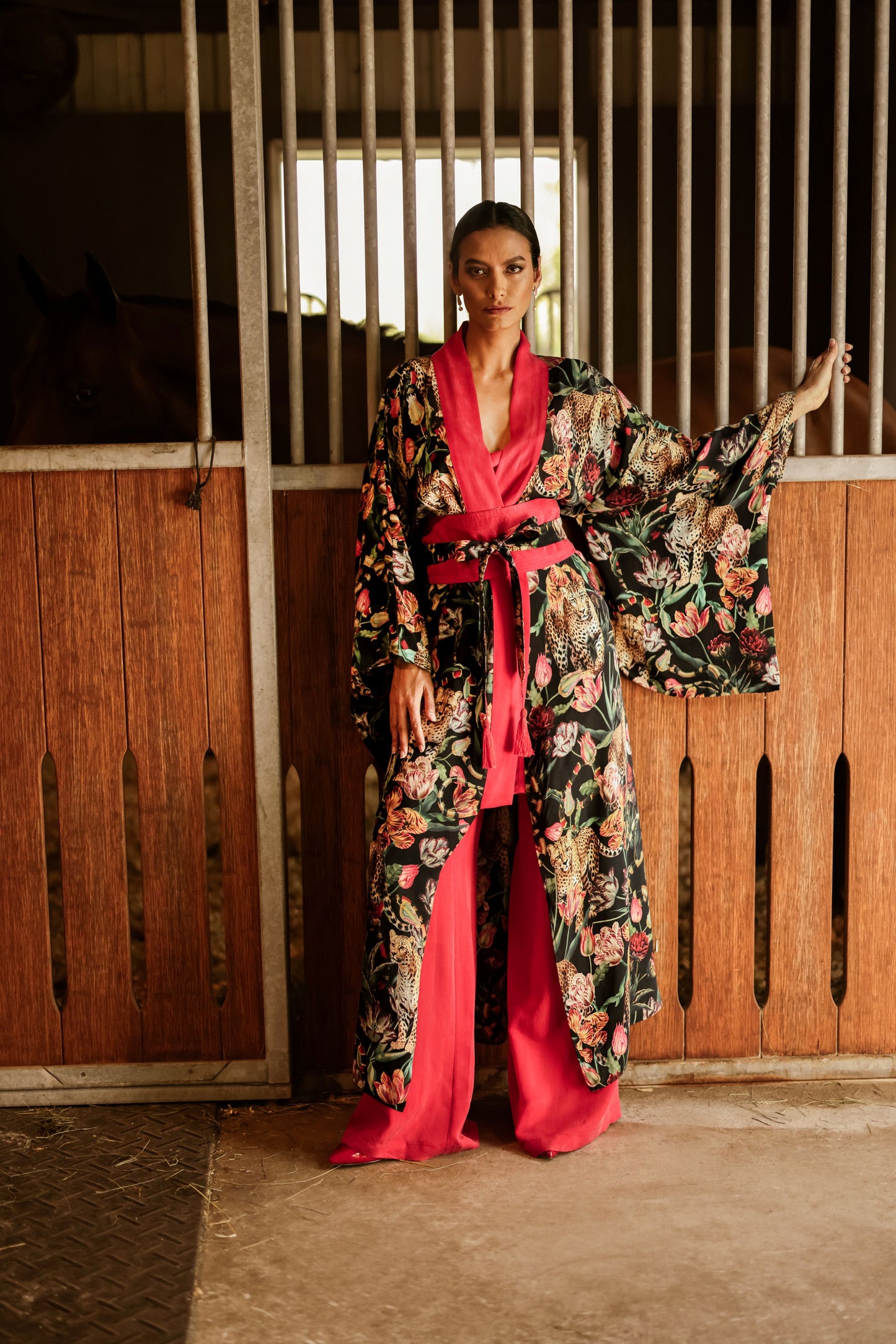 Model wearing Presley Mystique Anya Oriental Kimono in a horse stall-niLuu