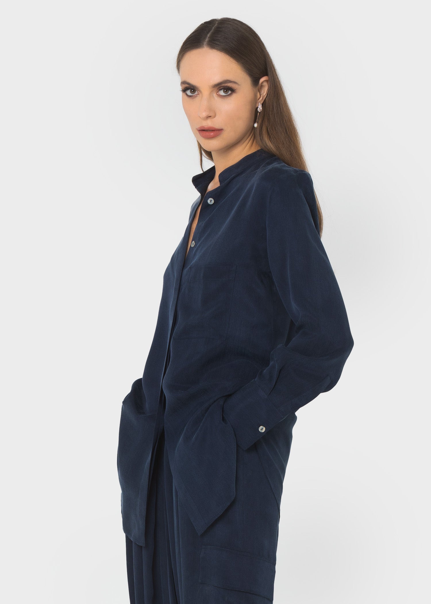Midnight Blue Grace Band Collar Shirt | Vegan Silk | niLuu