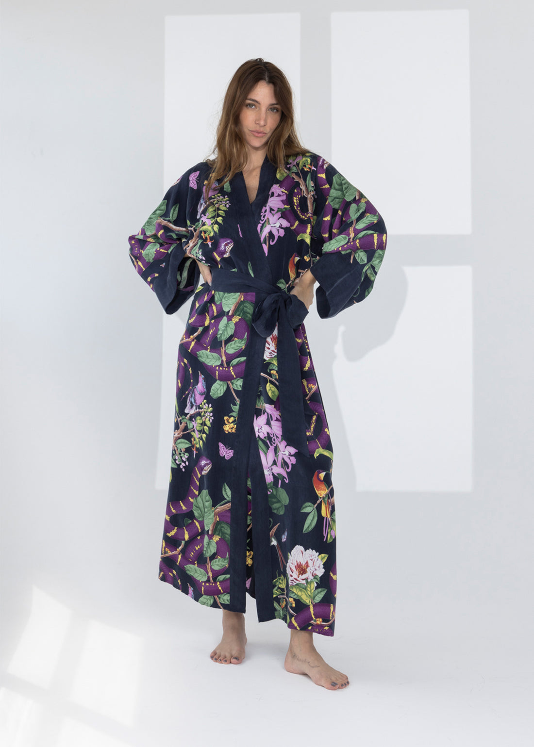 Vegan silk Women’s Kimono Robe by niLuu — a soft, flowing silhouette with wide sleeves and a gentle drape in neutral tone.