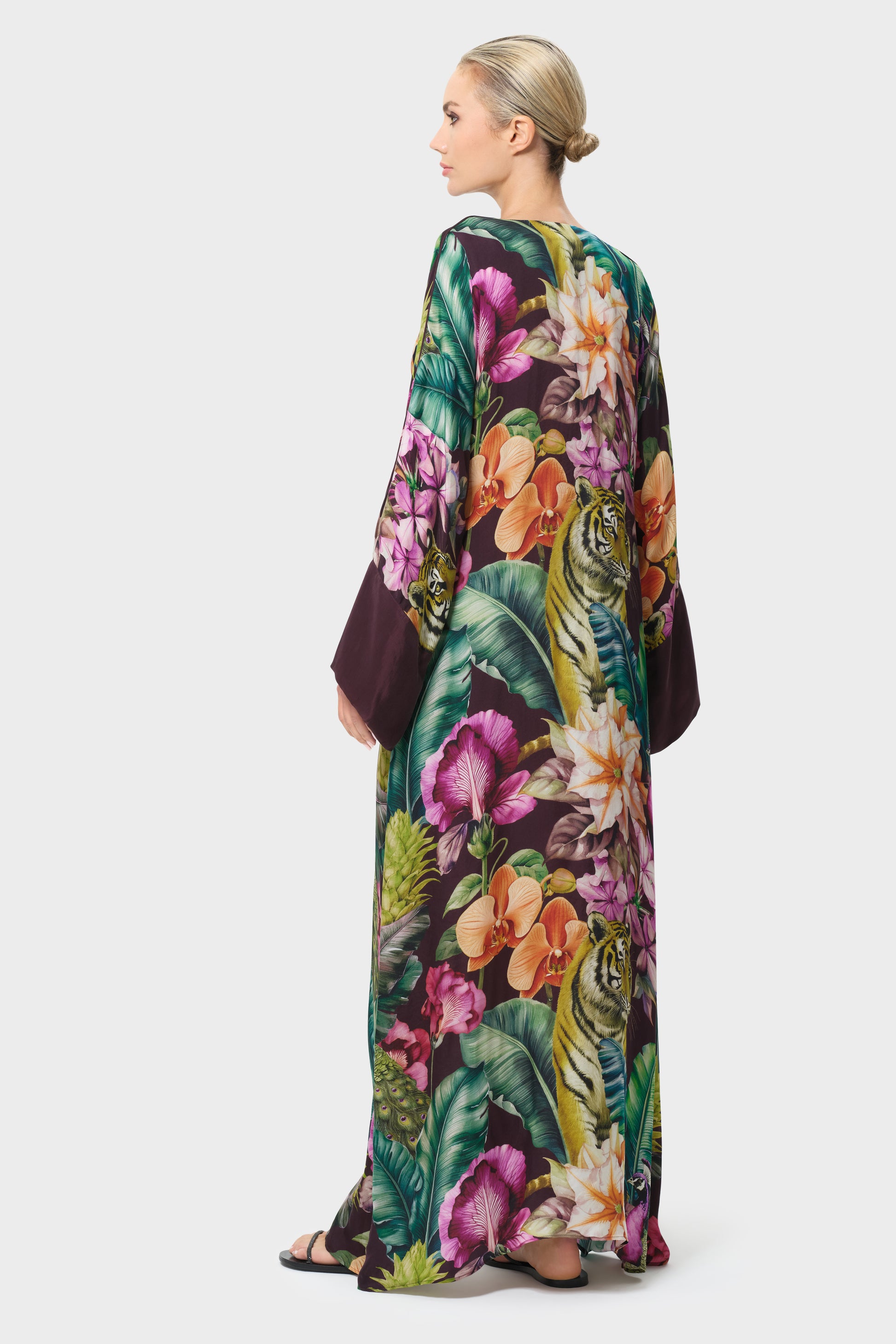 kaftan silk dresses Ivory Floral Printed Kaftan Dress with Flowing Silhouette Modest Ele FineLook