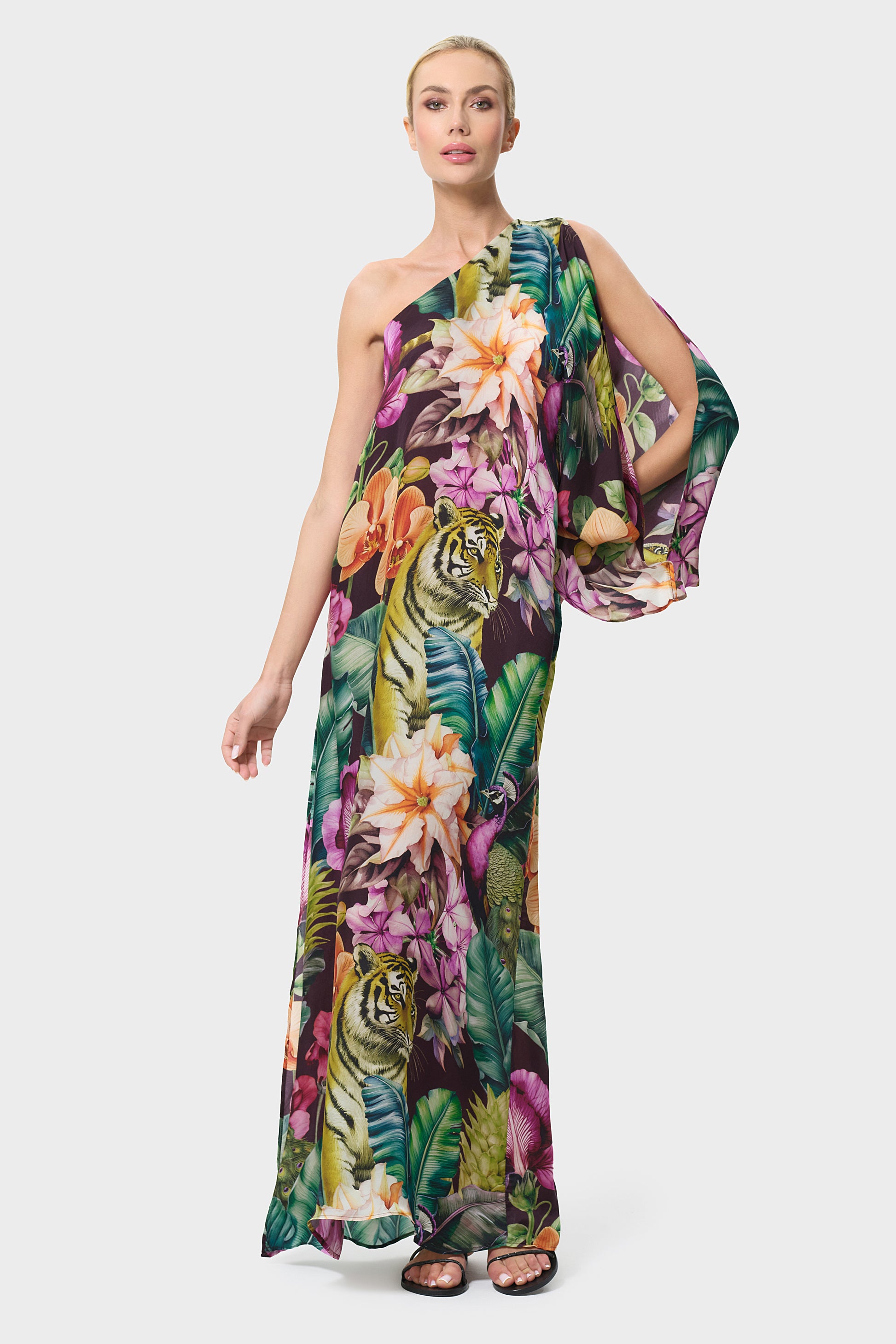 one shoulder traditional dresses Loragal One Shoulder Cinch Waist Flower Print Party Maxi Dresses-Green Green-S