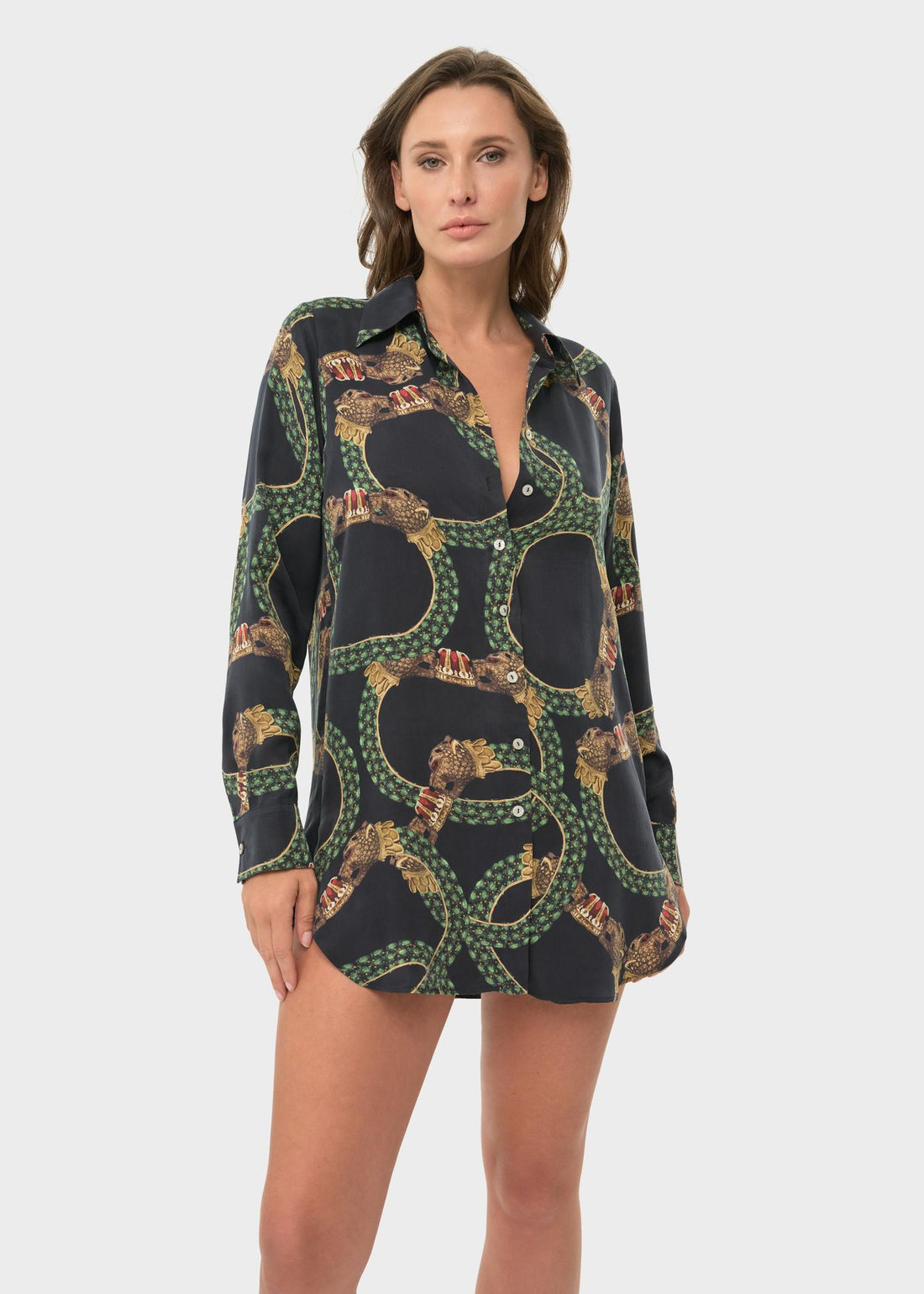 Dion Mystique Button-Down Shirt: Lightweight vegan silk shirt with relaxed, polished fit.