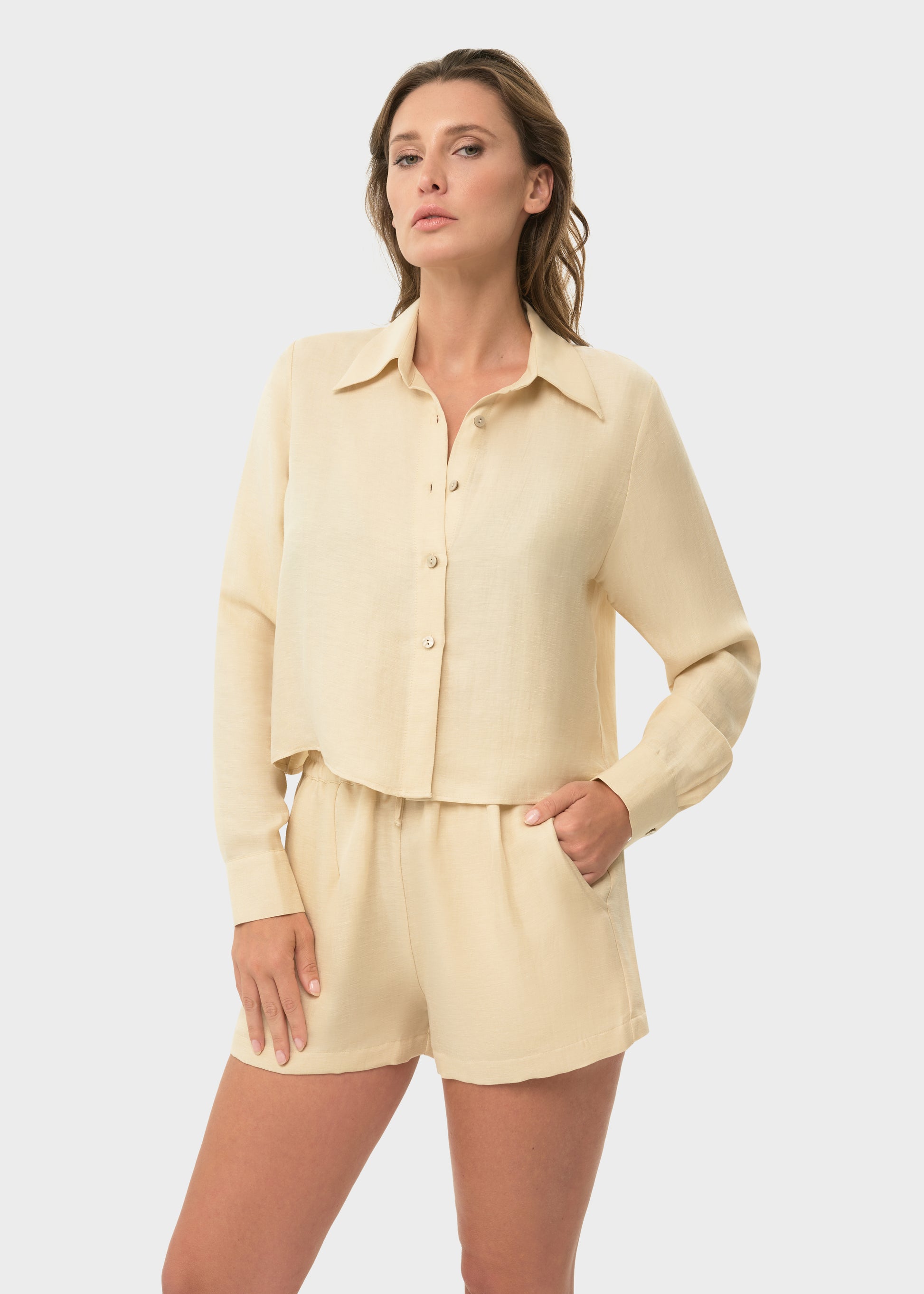 Creme Mystique Cropped Button Down Shirt-niLuu