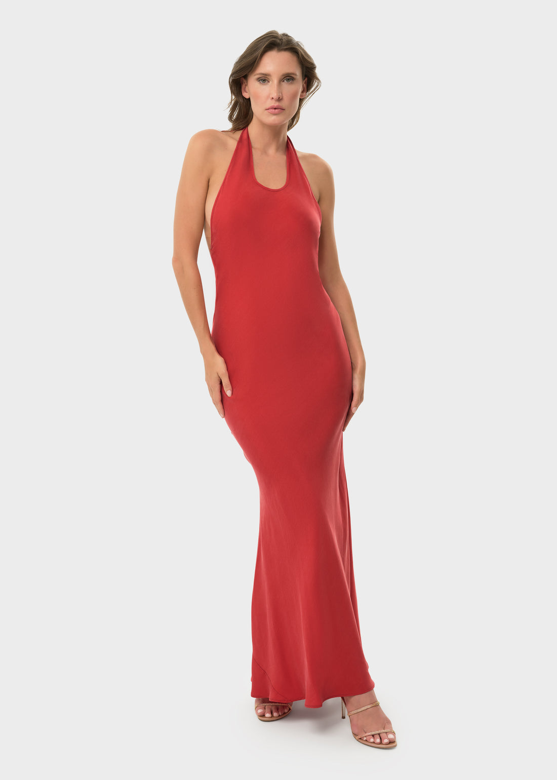 Vegan silk Mystique Cilla Keyhole Slip Dress by niLuu — deep scarlet hue with a keyhole neckline and flowing, elegant silhouette.