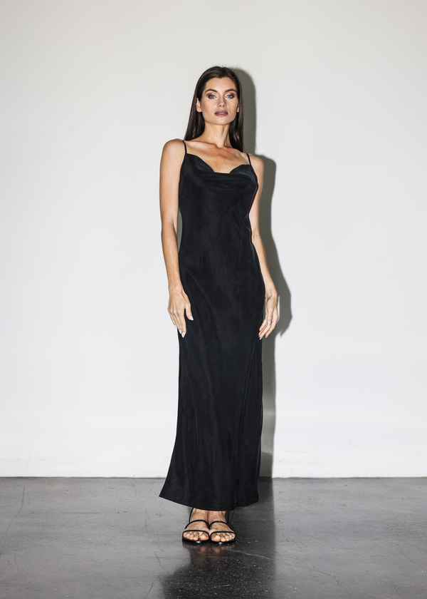 Noir Charlotte Slip Dress in vegan silk with timeless silhouette for versatile repeat wear