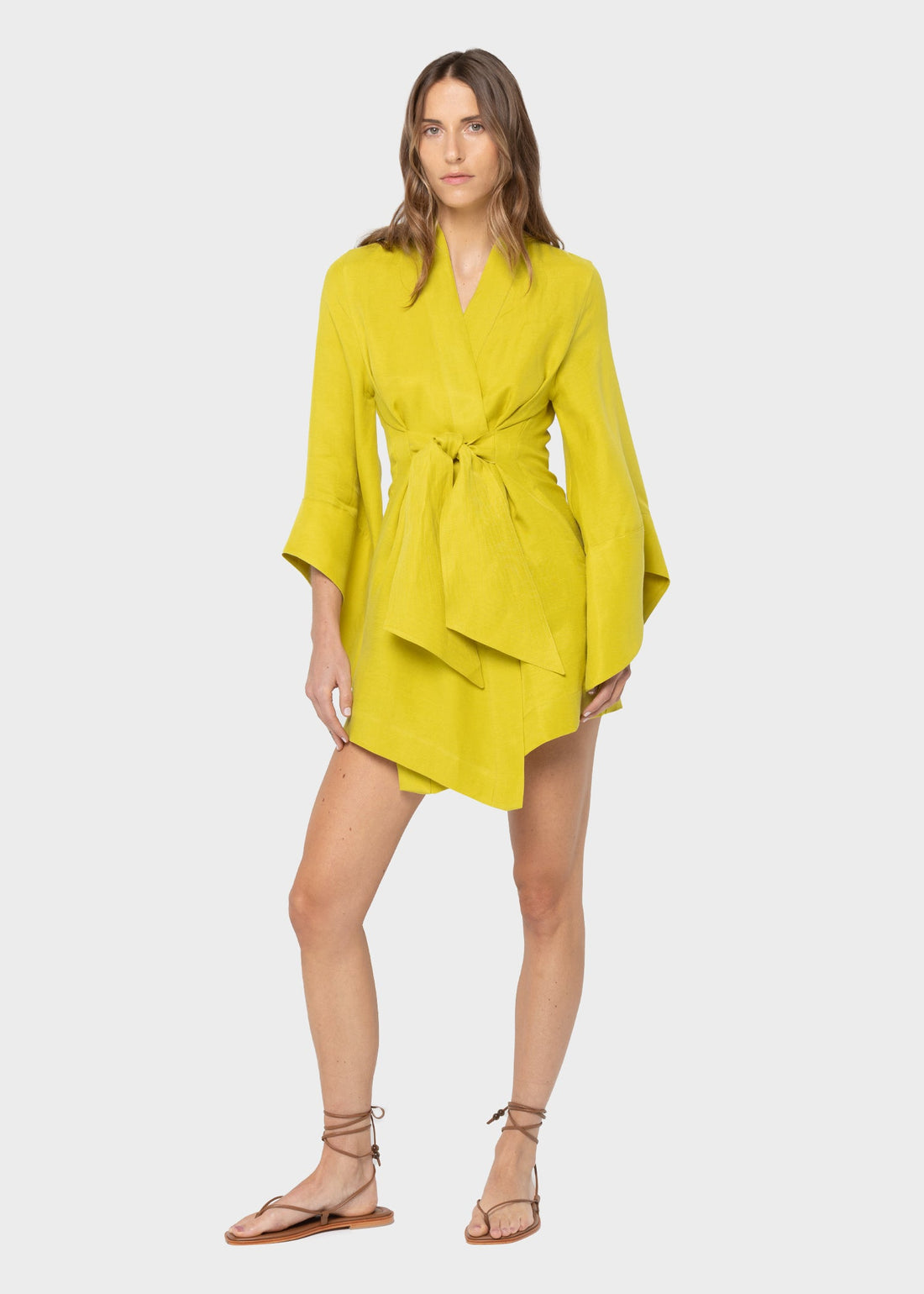 Amara Mini Kimono Robe - Short vegan silk robe with sculpted sleeves and refined silhouette.