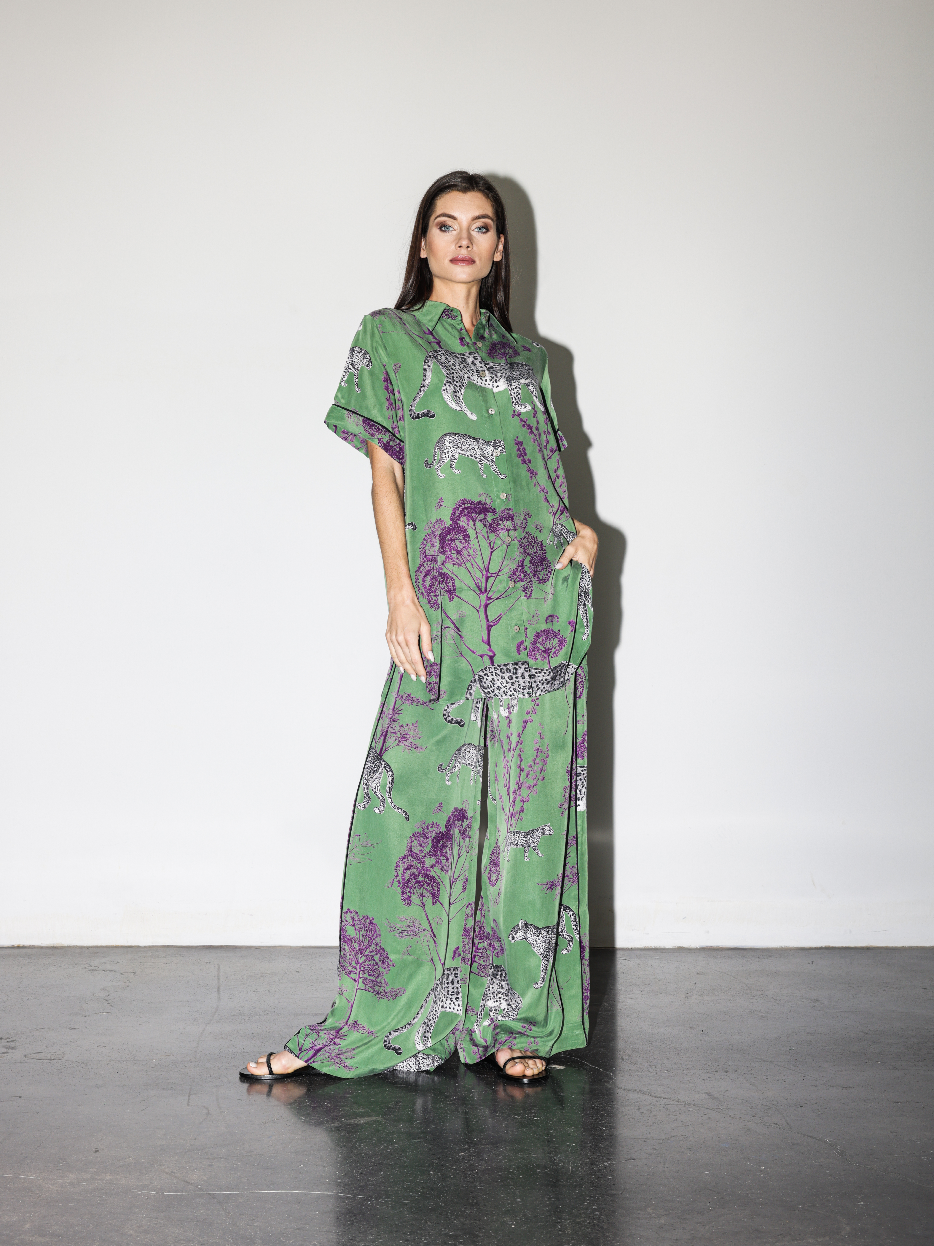 Model wearing lennon matching set against white background.