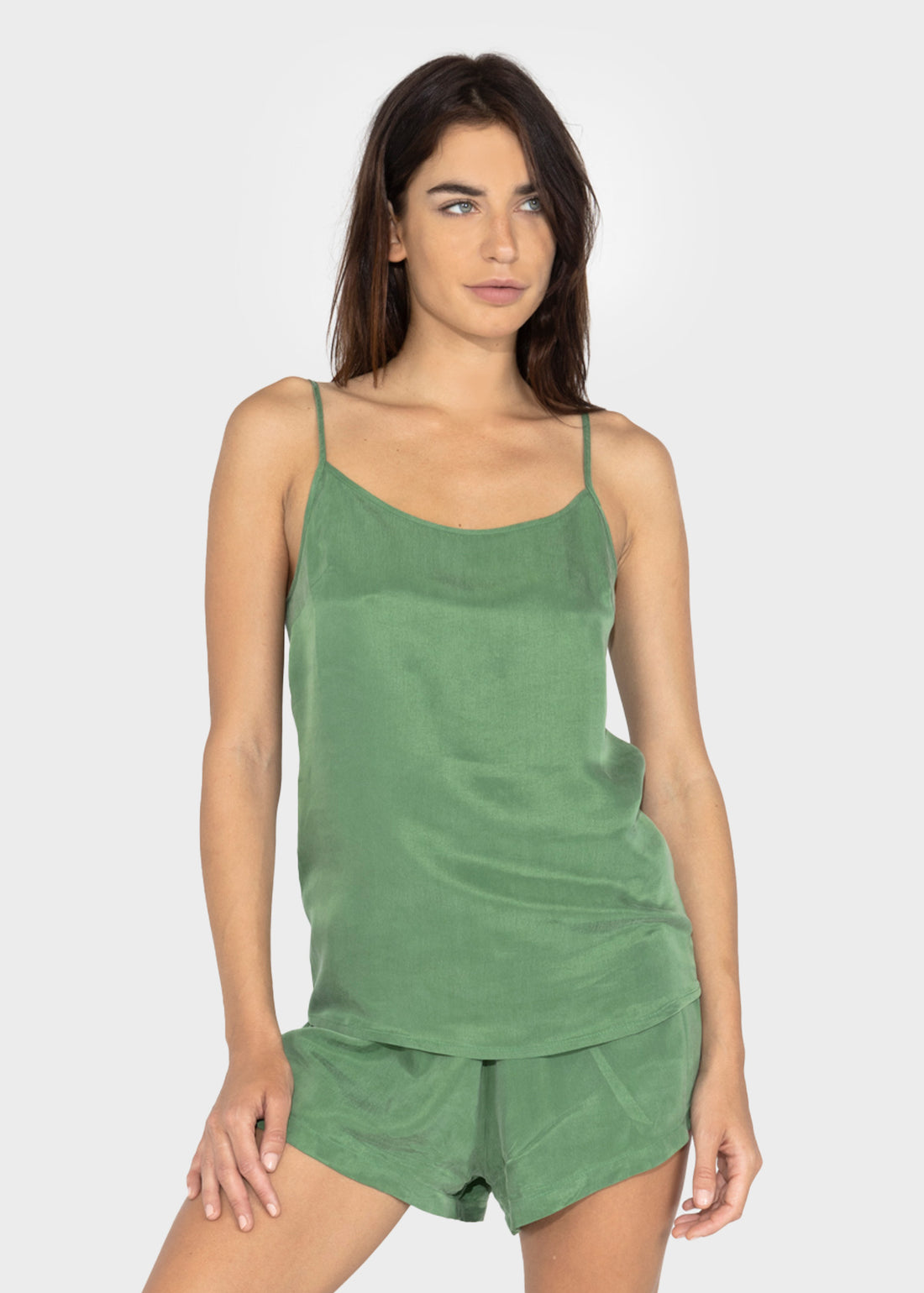 niLuu Moss Lily Cami Top in fluid vegan silk showcasing a soft, bias-cut drape.