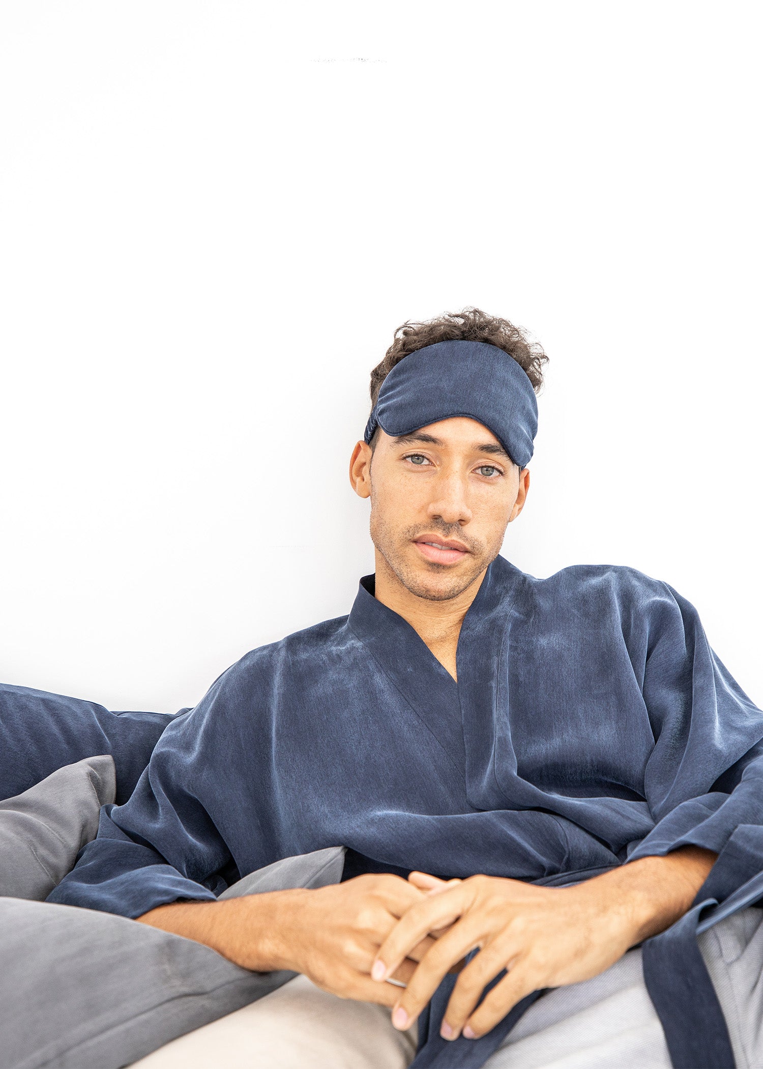 Midnight Blue Men Kimono Robe-washable vegan silk for the modern