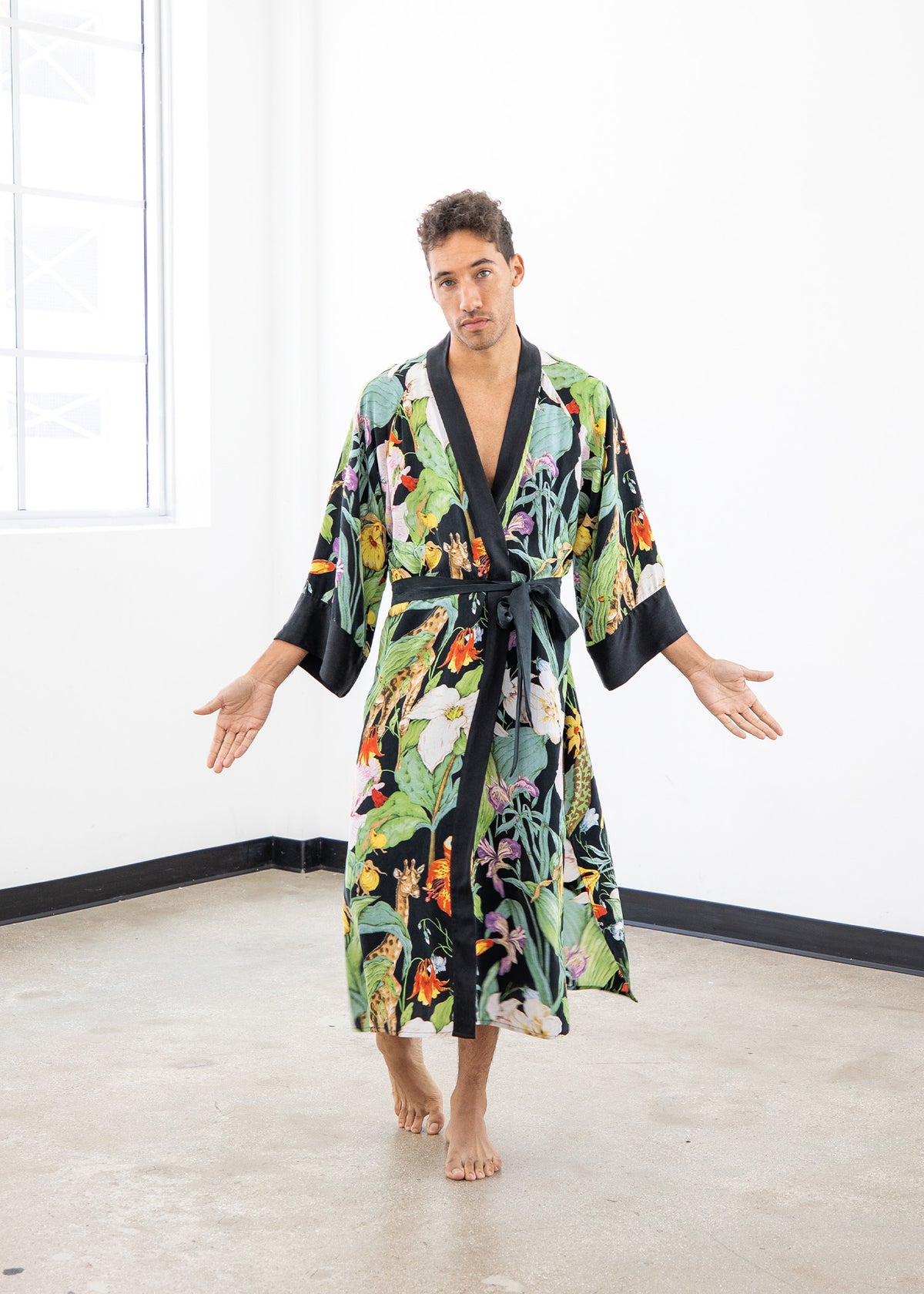japanese dressing gown mens Monroe Men's Kimono Robe Color:Black/Green Multi Side Cut-Out Flower Mini color_group: satin button down shirt Our modal cotton robe