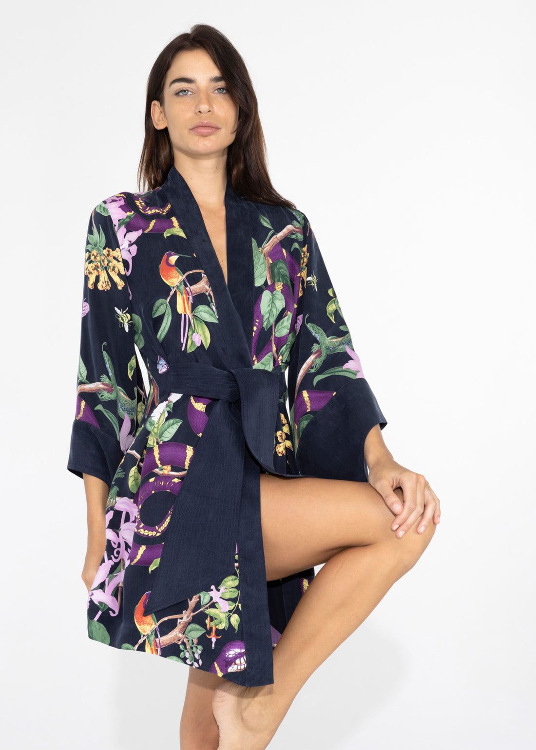 Vegan silk Jagger Amara Kimono Dress by niLuu — elegant flowing kimono-style silhouette in a soft amber hue with relaxed drape.