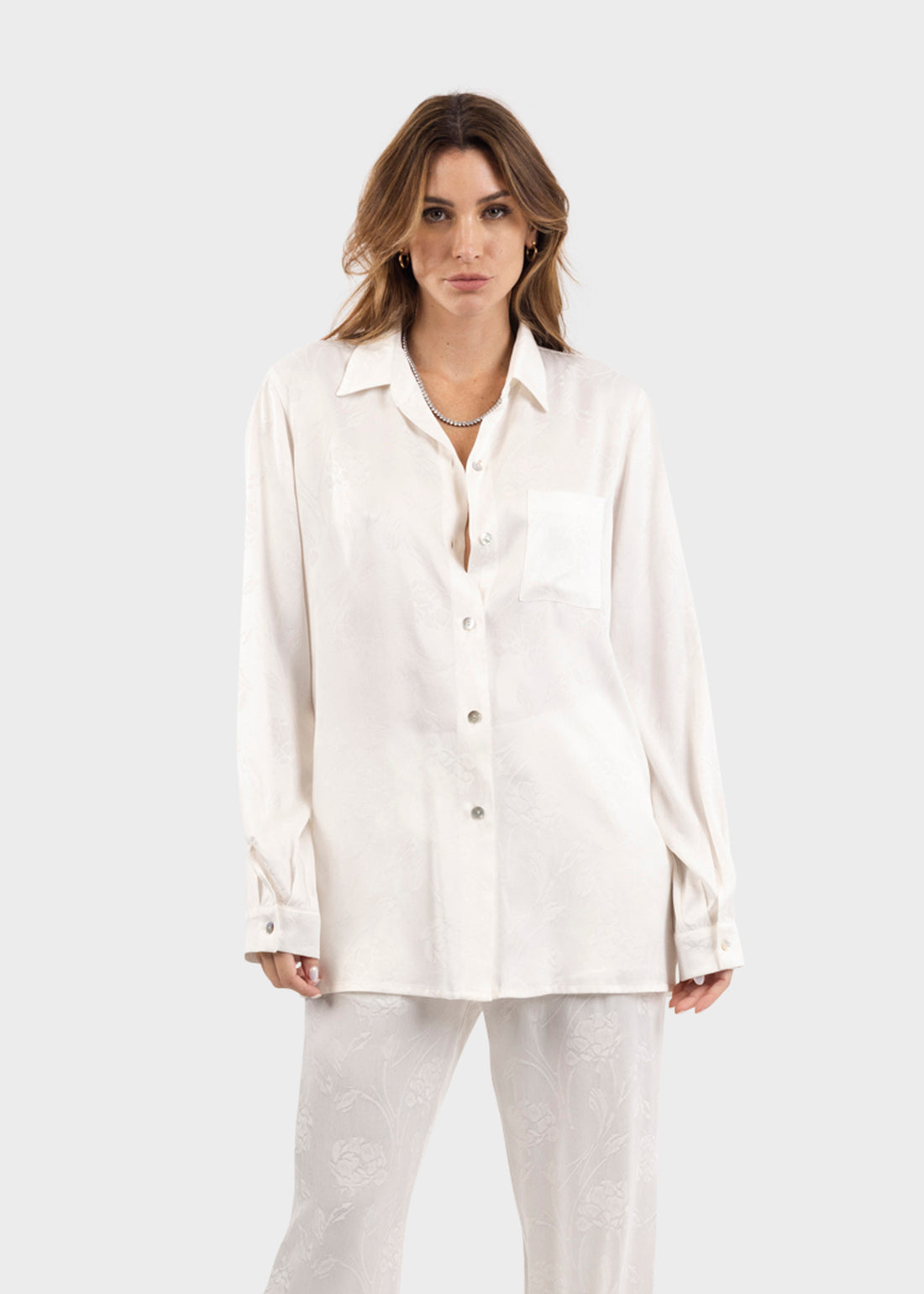 Women's Hera Button Down Shirt Magnolia in vegan silk with a sophisticated and minimalistic design.