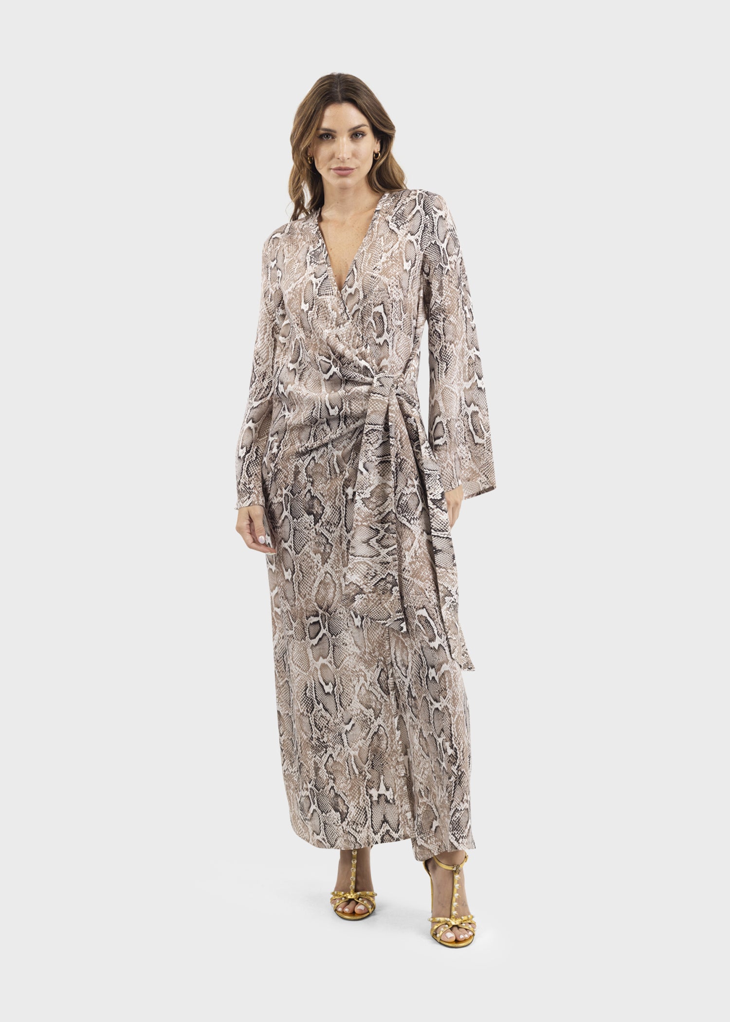 white printed silky long sleeve wrap dress Cleo Hera Wrap Dress | Sustainable Vegan Silk